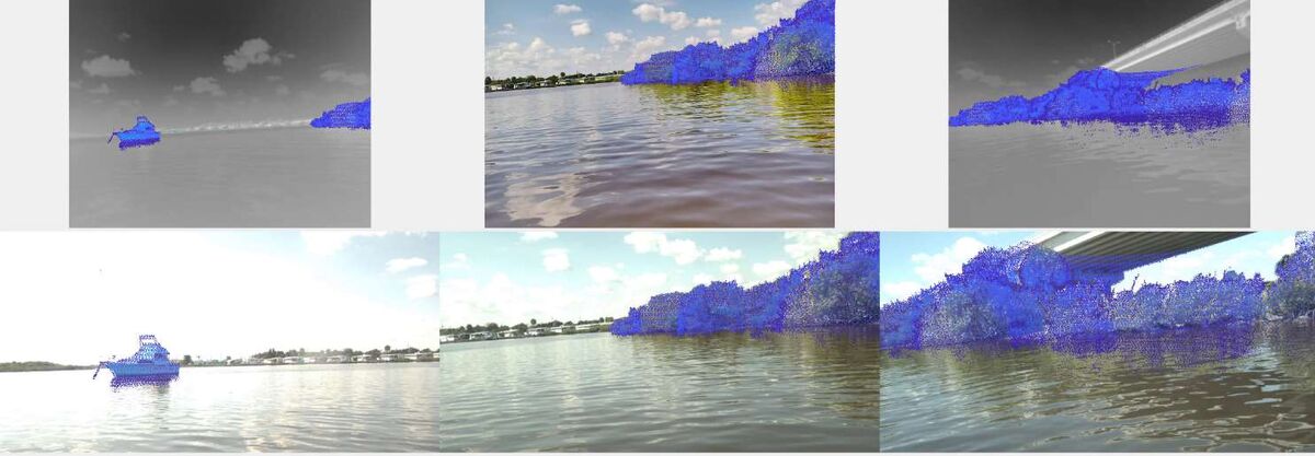 Six camera frames of a lake shoreline and a boat with LiDAR returns projected onto them in blue